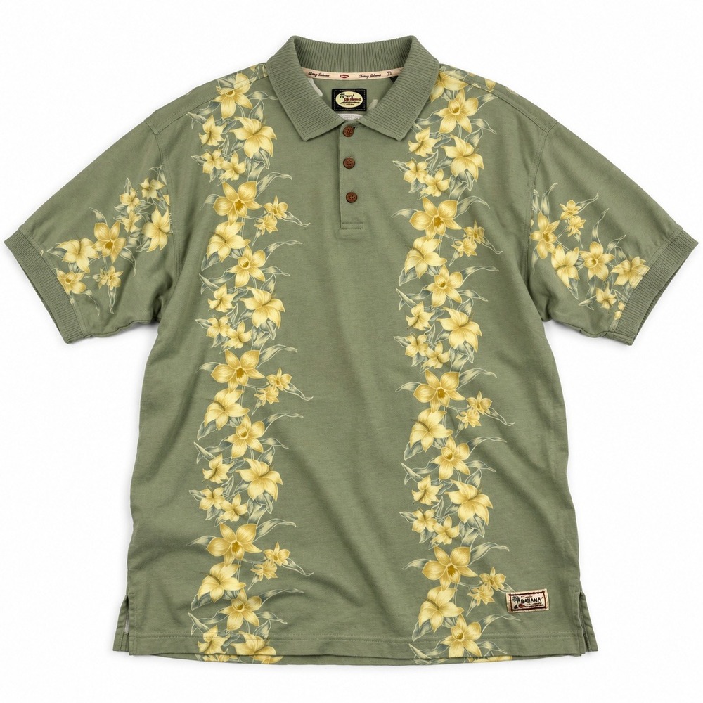 Tommy Bahama Floral Polo Shirt Mens Large Green Cotton Short Sleeve Tropical